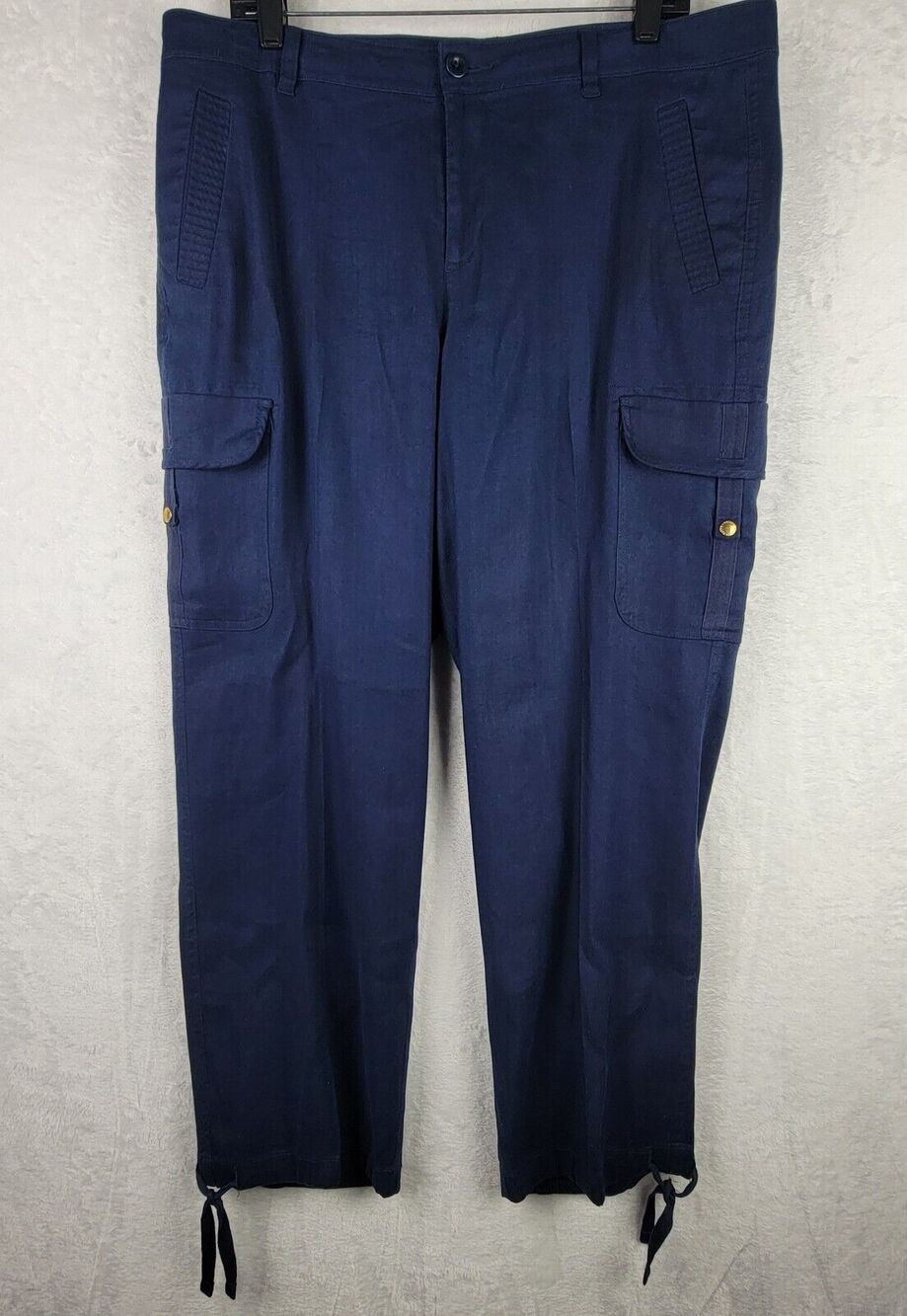 Ralph Lauren Cargo Pants Linen Sz 14 Navy Tie Hem Casual Preppy Old Money Beachy
